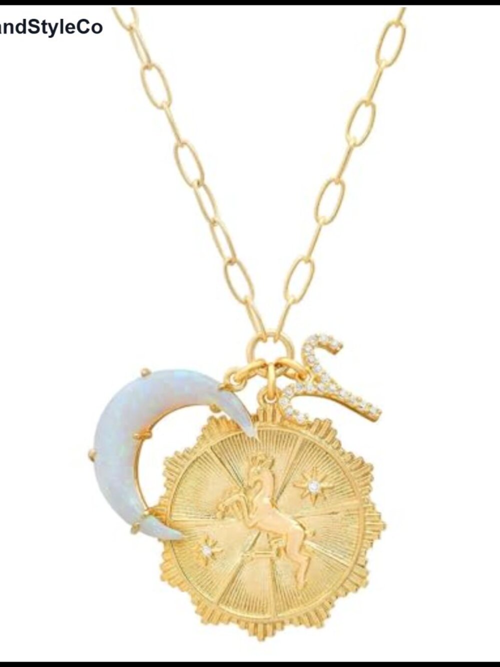 18K Gold Plated Zodiac Pendant Necklace with Opal Crescent Moon Charm,